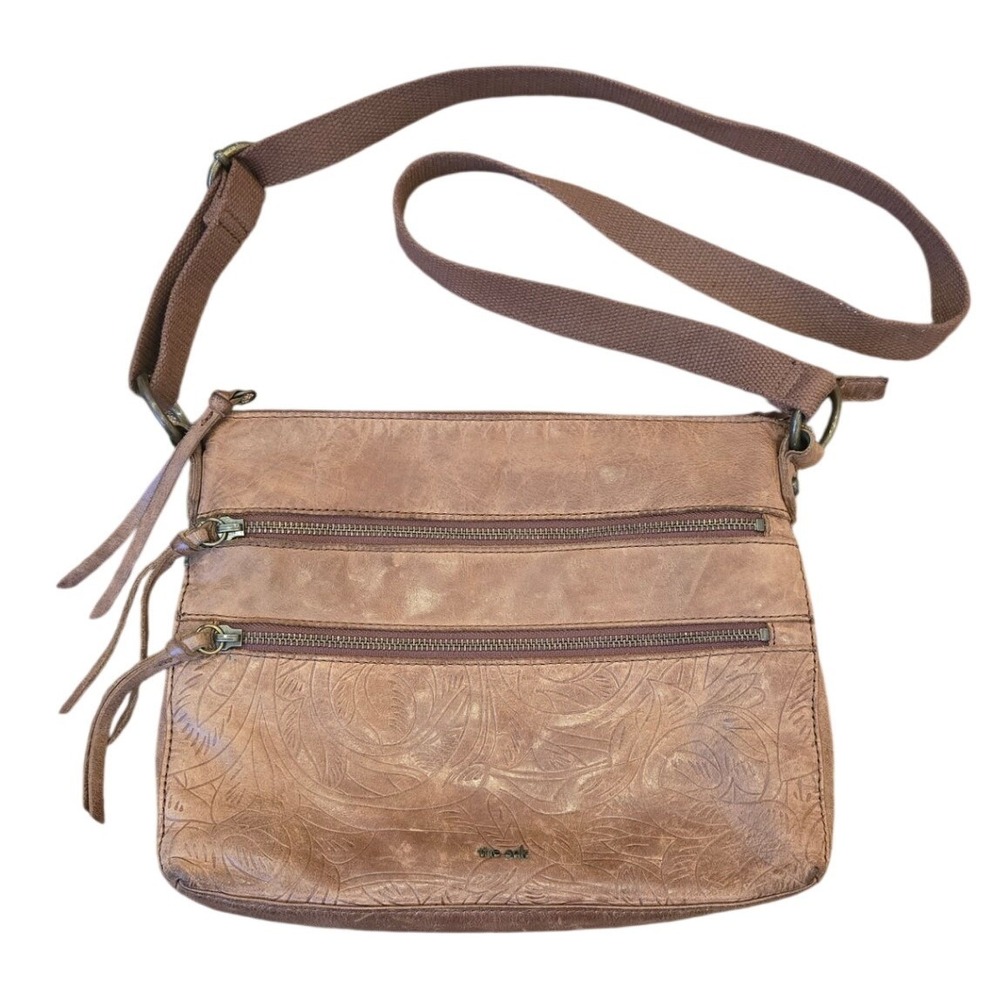 The Sak Reseda Brown Leather Embossed Crossbody Bag‎ Boho Western Triple Zipper